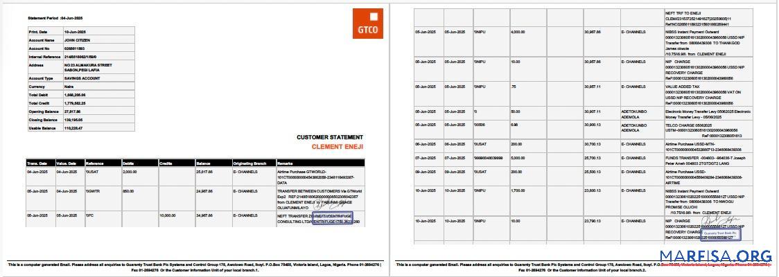 Printable Nigeria Guaranty Trust Bank Plc account statement word 2 pages example